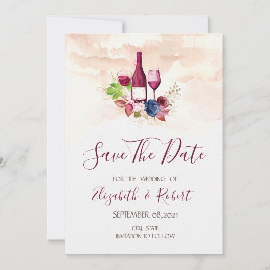 Burgundy Flowers Wine Tasting Waterverf Save The Date (Voorkant)