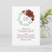 Burgundy Flowers Wreath - Elegant Monogram Weddens Kaart (Staand voorkant)