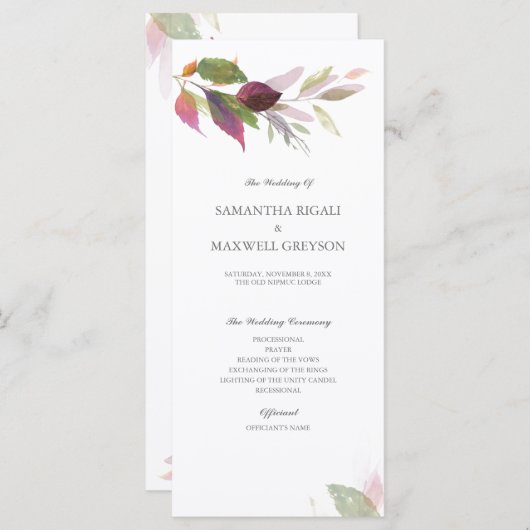 Burgundy Foliage Wedding Programme Programmakaart (Voorkant / Achterkant)