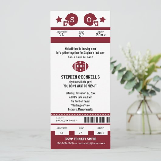 Burgundy Football Ticket Bachelor Party Invitation Kaart (Staand voorkant)