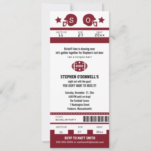 Burgundy Football Ticket Bachelor Party Invitation Kaart (Voorkant)