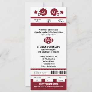 Burgundy Football Ticket Bachelor Party Invitation Kaart