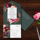 Burgundy Forest Green Blush Floral Waterverf All In One Uitnodiging