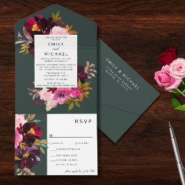 Burgundy Forest Green Blush Floral Waterverf All In One Uitnodiging