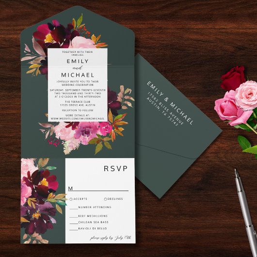 Burgundy Forest Green Blush Floral Waterverf All In One Uitnodiging
