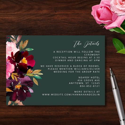 Burgundy Forest Green Blush Floral Waterverf Informatiekaartje