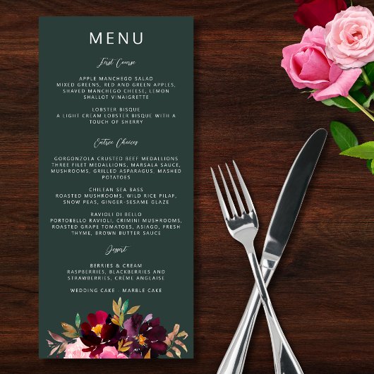 Burgundy Forest Green Blush Floral Waterverf Menu