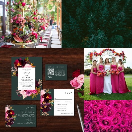 Burgundy Forest Green Blush Floral Waterverf Programmakaart