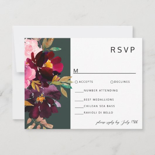 Burgundy Forest Green Blush Floral Waterverf RSVP Kaartje (Voorkant)
