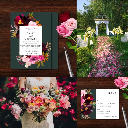 Burgundy Forest Green Blush Floral Waterverf RSVP Kaartje