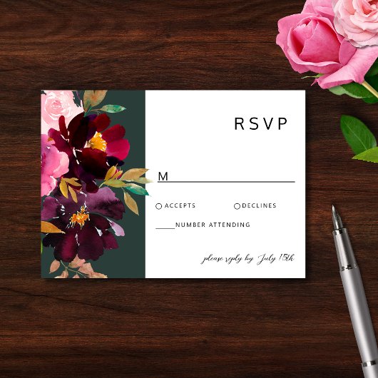 Burgundy Forest Green Blush Floral Waterverf RSVP Kaartje