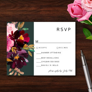 Burgundy Forest Green Blush Floral Waterverf RSVP Kaartje