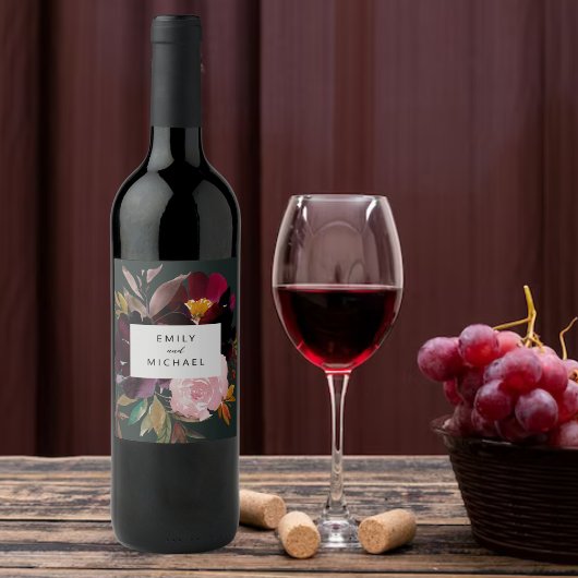 Burgundy Forest Green Blush Floral Waterverf Wijn Etiket