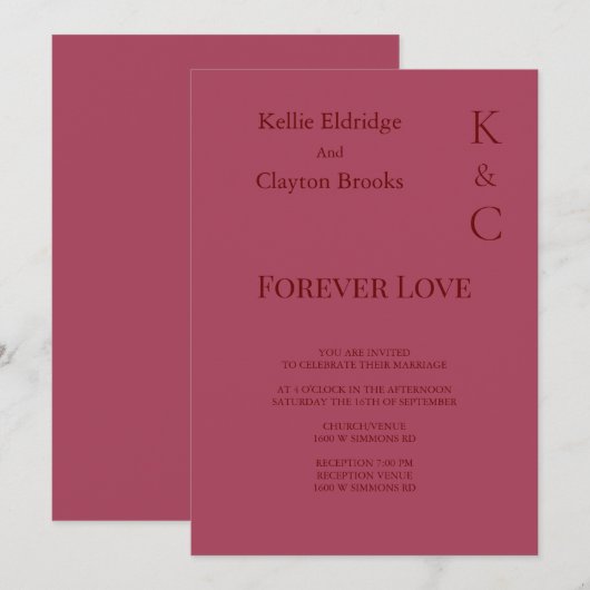 Burgundy Forever Love Wedding Invitation Kaart (Voorkant / Achterkant)