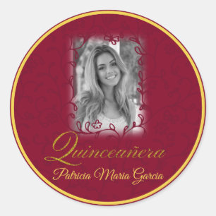Burgundy-foto-quinceañera-bloemwijnstokken Ronde Sticker