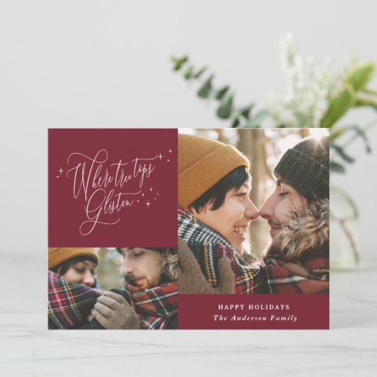 Burgundy fotocollage elegant met kerstmis feestdagenkaart (Staand voorkant)