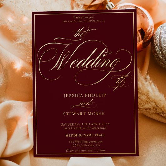 Burgundy-fotoscript grenzingsgoud folie uitnodiging