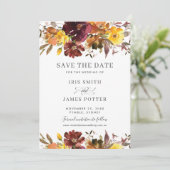 Burgundy Gele Bloemen Bruiloft Save the Date Kaart (Staand voorkant)