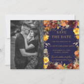 Burgundy Gele Bloemen Foto Save the Date Kaart (Voorkant)