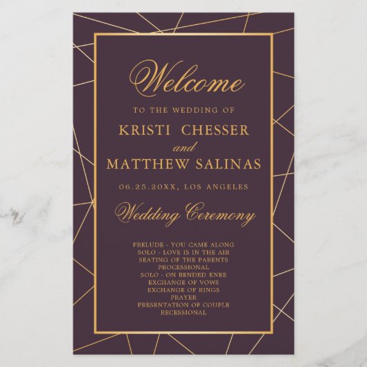 Burgundy Geometric Gold Lijst Wedding Program Kaar (Voorkant)