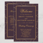 Burgundy Geometric Gold Lijst Wedding Program Kaar (Voorkant / Achterkant)