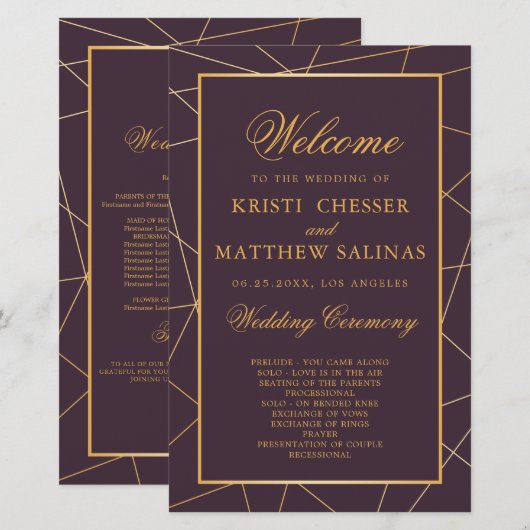 Burgundy Geometric Gold Lijst Wedding Program Kaar (Voorkant / Achterkant)