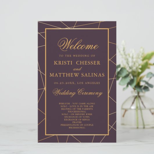 Burgundy Geometric Gold Lijst Wedding Program Kaar (Staand voorkant)
