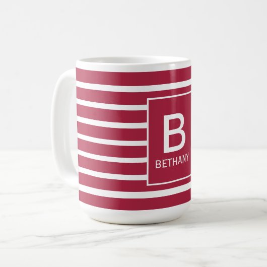 Burgundy gestreepte Monogram Personaliseerbaar Koffiemok (Voorkant links)