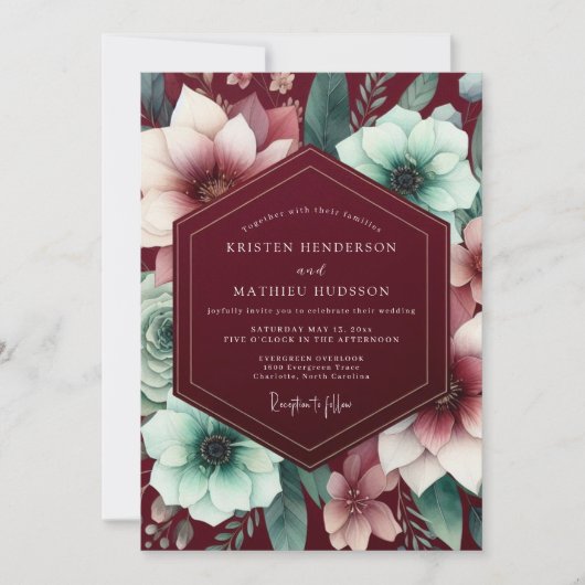 Burgundy Gilded Bloom Wedding Kaart (Voorkant)