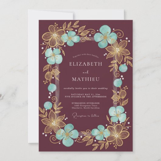Burgundy Gilded Blossom Romantic Wedding Kaart (Voorkant)