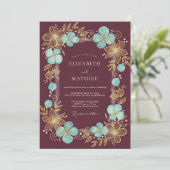 Burgundy Gilded Blossom Romantic Wedding Kaart (Staand voorkant)