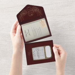 Burgundy Gilded Rozen Book Wedding Invitation All In One Uitnodiging