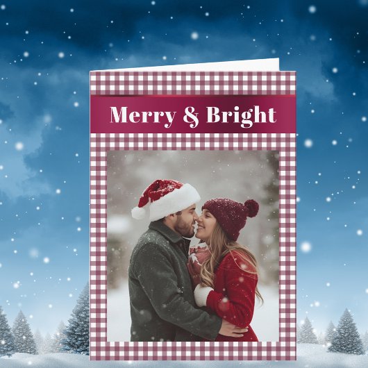 Burgundy Gingham Christmas Photo Merry and Bright Feestdagen Kaart