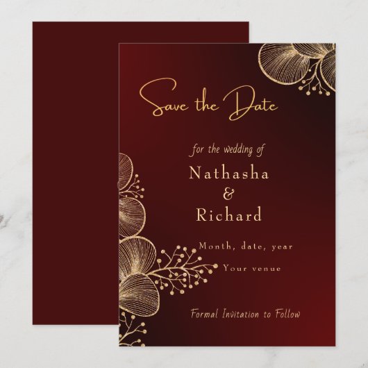 Burgundy & Glided Floral Elegant Wedding Save The Date (Voorkant / Achterkant)