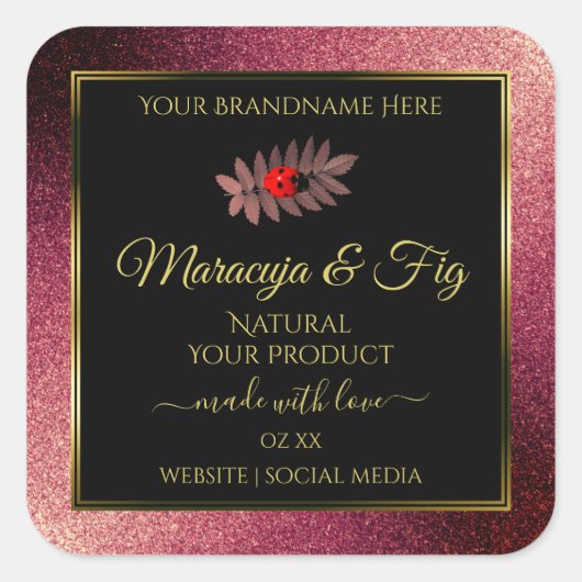 Burgundy Glitter Black Product Labels Cute Ladybug (Voorkant)
