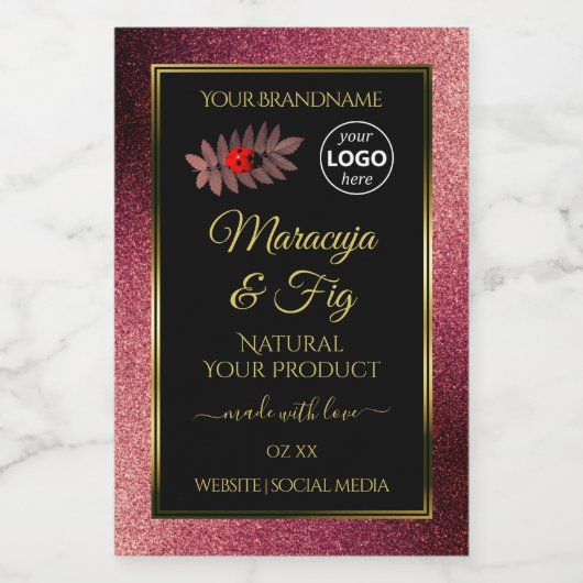 Burgundy Glitter Black Product Labels Ladybug Logo Voedselcontainer Etiket (Enkel label)