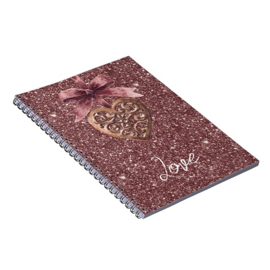 Burgundy Glitter Bow Heart Notitieboek (Rechterzijde)