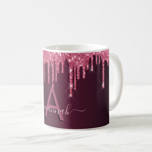 Burgundy glitter druist monogram script koffiemok (Voorkant rechts)