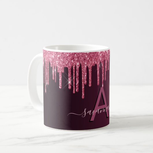 Burgundy glitter druist monogram script koffiemok (Voorkant links)