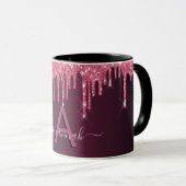 Burgundy glitter druist monogram script mok (Voorkant rechts)