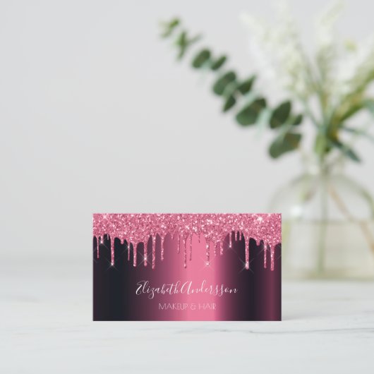 Burgundy glitter druppelt metaal QR colde script Visitekaartje (Staand voorkant)