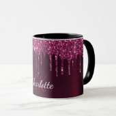Burgundy glitter druppelt monogram initialen mok (Voorkant rechts)