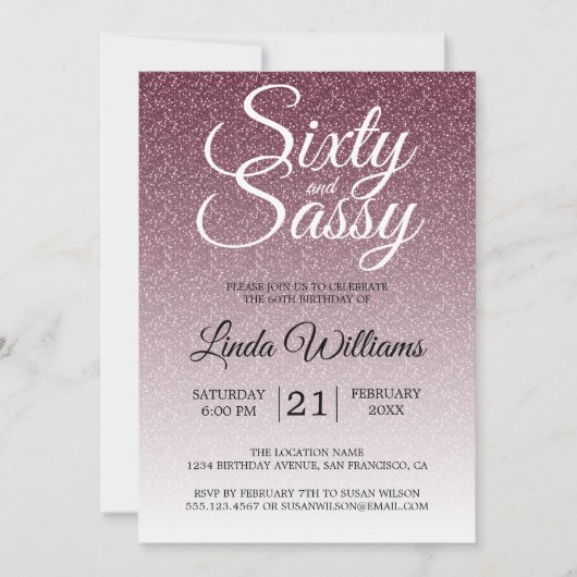 Burgundy Glitter Ombre 60 en Sassy 60th Birthday Kaart (Voorkant)