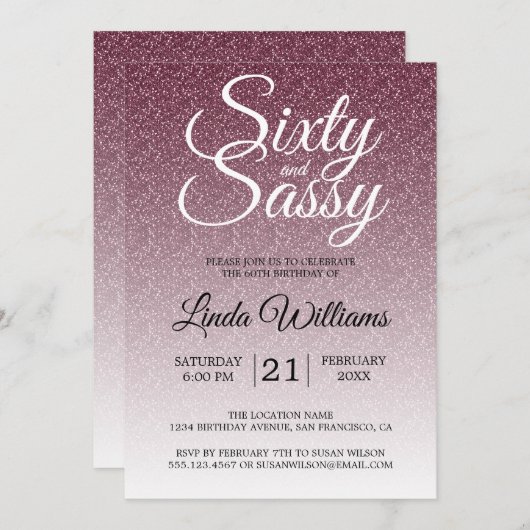 Burgundy Glitter Ombre 60 en Sassy 60th Birthday Kaart (Voorkant / Achterkant)