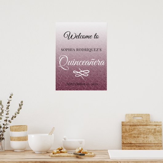 Burgundy Glitter Quinceañera 15th Birthday Welcome Poster (Keuken)