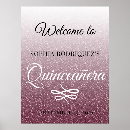 Burgundy Glitter Quinceañera 15th Birthday Welcome Poster (Voorkant)