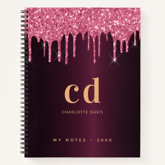 Burgundy glitter roze goudmonogram notitieboek (Voorkant)