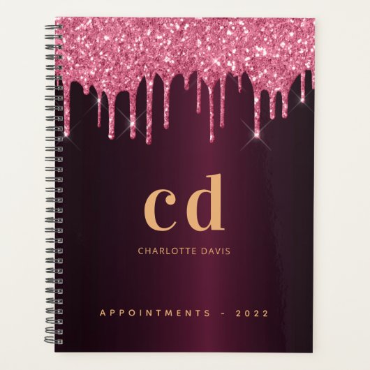 Burgundy glitter roze monogram planner (Voorkant)