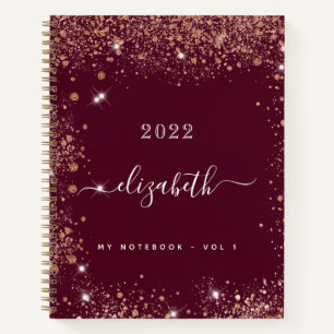 Burgundy glitter stofnaam scriptboek notitieboek