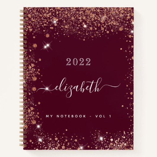 Burgundy glitter stofnaam scriptboek notitieboek (Voorkant)